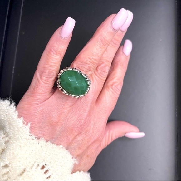 Sterling Silver Chunky Bezel set Faceted Green Onyx Floral 926 Stamped Ring - Picture 6 of 12